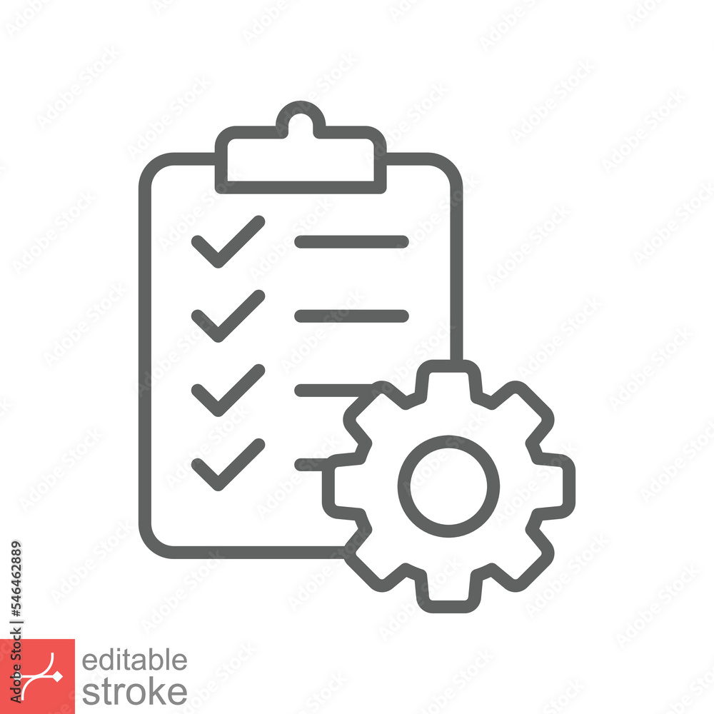 Clipboard with gear icon. Simple outline style. Project plan, document, task check list, cog, management concept. Thin line vector illustration isolated on white background. Editable stroke EPS 10. Clipboard with gear icon. Simple outline style. Project plan, document, task check list, cog, management concept. Thin line vector illustration isolated on white background. Editable stroke EPS 10.