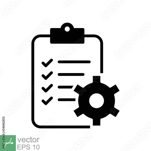 Clipboard with gear icon. Simple flat style. Project plan, document, task check list, compliant, clipboard with cog, management concept. Vector illustration isolated on white background. EPS 10.