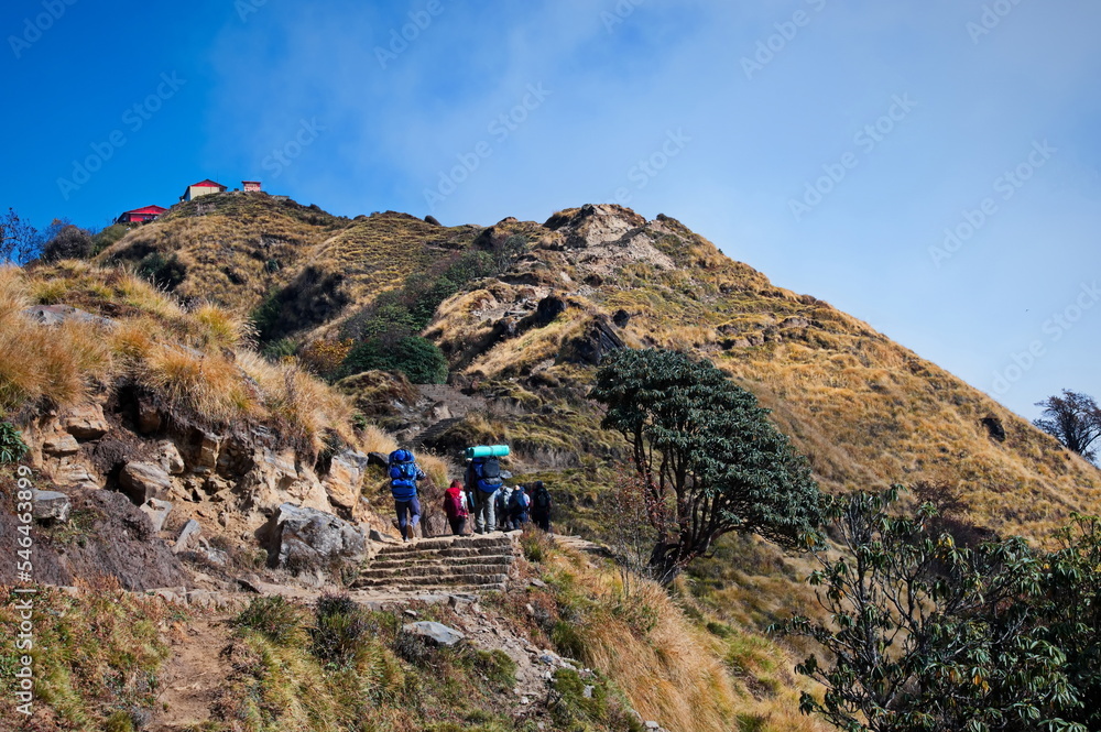 The porters and hikers in Himalaya mountains, Nepal