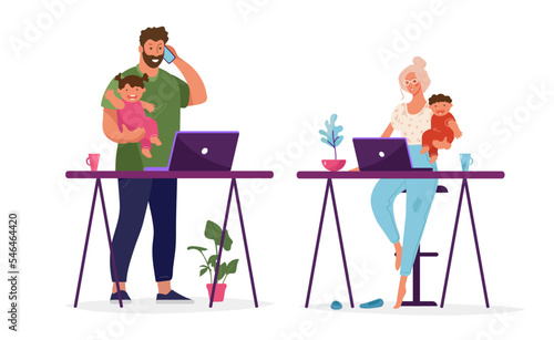 Young family with kids working from home, modern young couple with kids, family life podcast. Flat vector illustration isolated on white background.