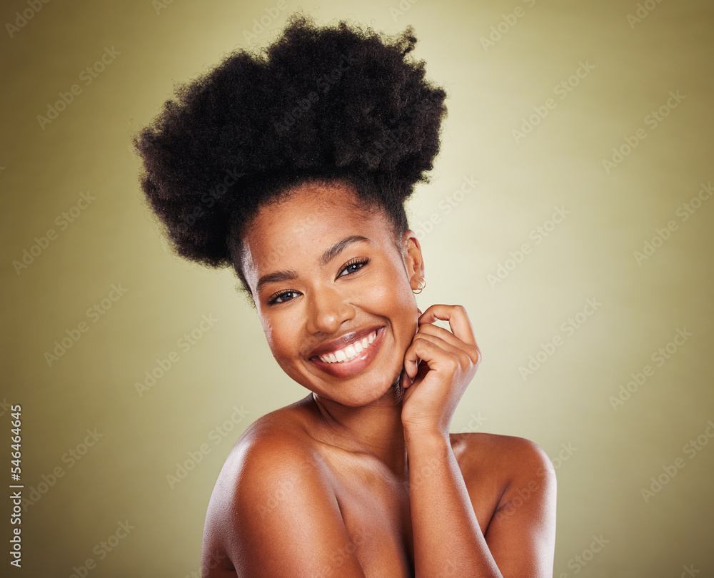 Beauty, skincare and smile of black woman with natural hair or afro on green studio background for health and wellness of skin and body. Portrait of model happy about cosmetic, makeup and dermatology - obrazy, fototapety, plakaty 