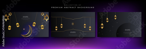 Ramadan Kareem vector card with 3d golden metal crescent and stars. Arabic style arch in black color with traditional pattern. Copy space.