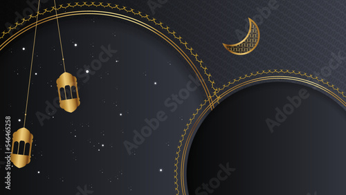 Ramadan Kareem vector card with 3d golden metal crescent and stars. Arabic style arch in black color with traditional pattern. Copy space.