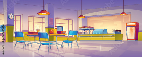 Empty school canteen interior, contemporary vector illustration. Clean dining room for preschool or college students with tables, chairs, food and beverages in fridge. Hospital cafeteria design