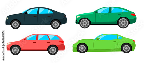 Side view of different car body styles cartoon illustrations set. Vehicles of different types, hatchback, liftback, coupe, sedan isolated on white background. Transport, transportation concept