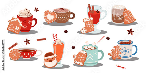 Hot drinks with gingerbread cookies cartoon illustrations set. Mugs with hot chocolate, biscuits in shape of Christmas symbols isolated on white background. Bakery, beverage, winter holidays concept