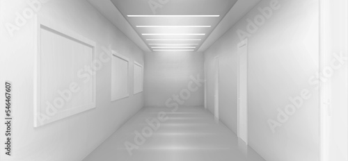 White room, corridor background, museum space 3d render. Art gallery, exhibition hall interior with blank white frames hanging on wall, spotlight illumination on ceiling, Realistic vector illustration