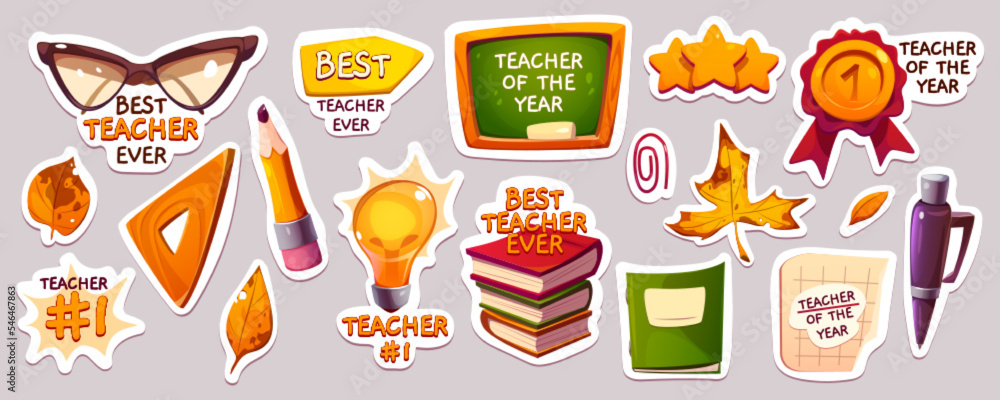 Happy teachers day stickers with books, chalkboard, glasses, autumn leaves. Teachers holiday icons with classroom board, award badge, pen, pencil and ruler, vector cartoon set Happy teachers day stickers with books, chalkboard, glasses, autumn leaves. Teachers holiday icons with classroom board, award badge, pen, pencil and ruler, vector cartoon set