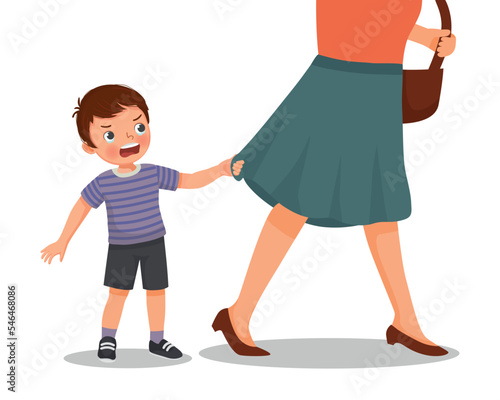spoiled little boy crying throwing tantrum pulling his mother dress at market