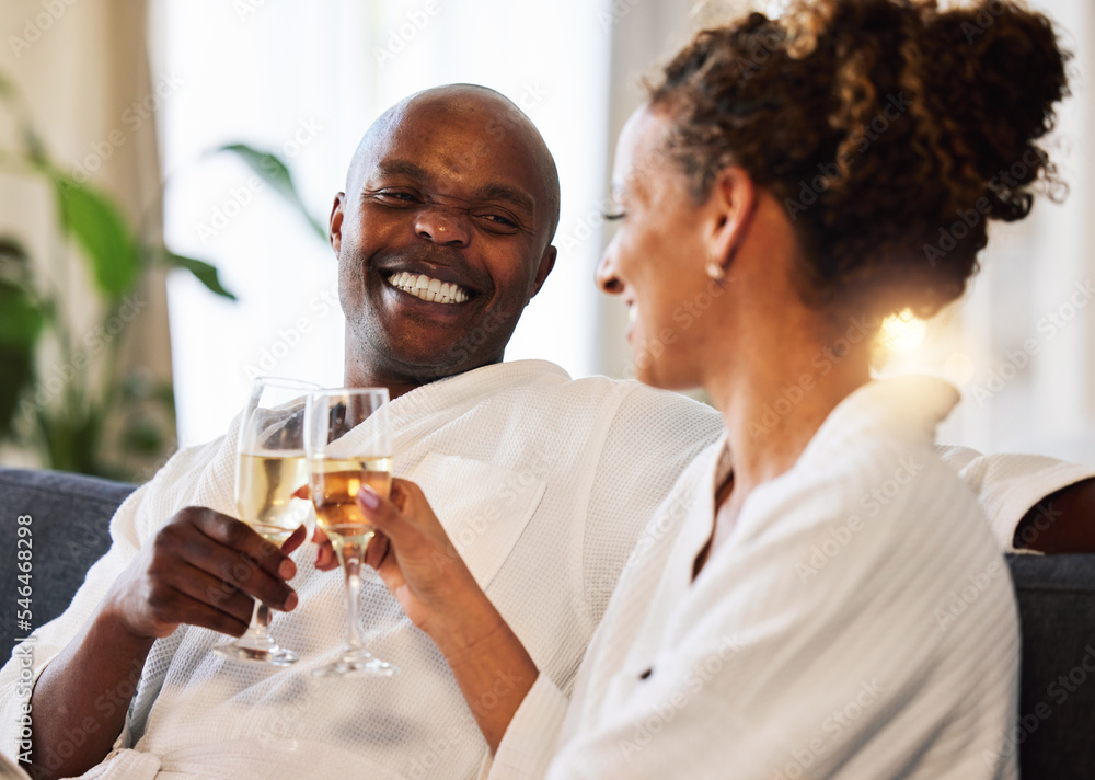 Spa, relax and couple champagne toast for happiness with marriage, love and care at luxury hotel. Wellness, happy and black people smile together for wedding anniversary celebration drinks. Spa, relax and couple champagne toast for happiness with marriage, love and care at luxury hotel. Wellness, happy and black people smile together for wedding anniversary celebration drinks.