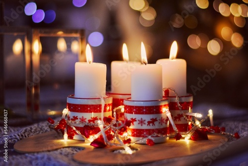 Christmas Decoration with sparkling bokeh background  Candles and Holiday Lights