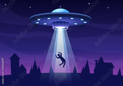 UFO Flying Spaceship with Flying Saucer Over the City Sky Abducts Human or Animals in Flat Cartoon Hand Drawn Templates Illustration photo