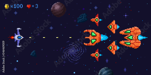Space battle arcade game level. Pixel art galactic battle, defender spaceship and pixelated ufo enemies vector Illustration
