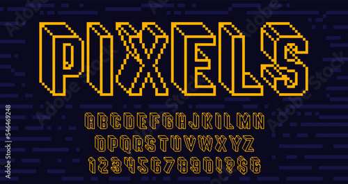 Futuristic wireframe pixel art font. Digital 8 bit alphabet, retro pixelated 3D letters and arcade game numbers vector set