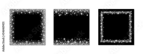 Set of square glitter silver frames with sparkles