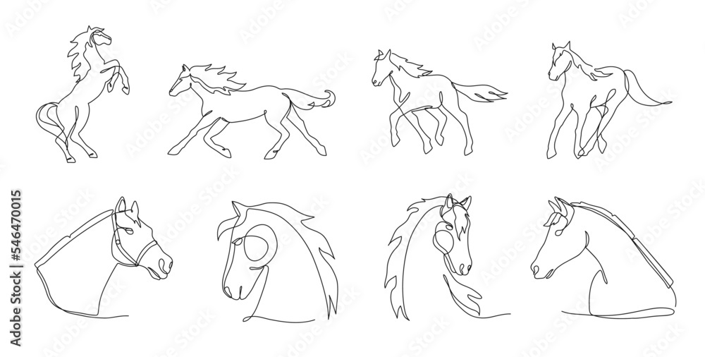 One line horses. Minimalism horse portrait and silhouette, stable animals single continuous line vector illustration set One line horses. Minimalism horse portrait and silhouette, stable animals single continuous line vector illustration set