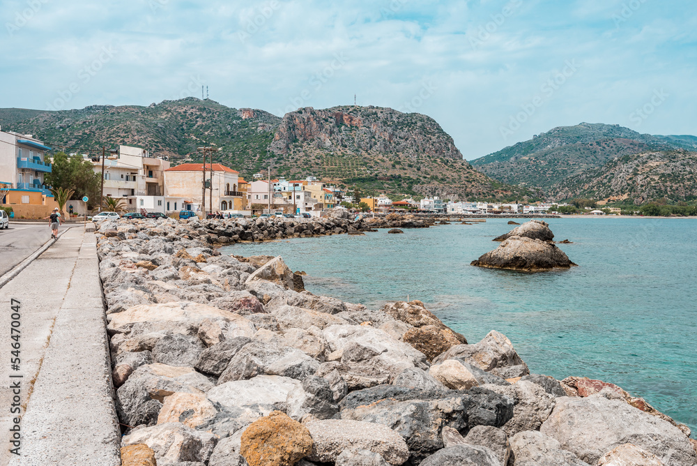 Paleochora, crete island, greece: city of palaiochora with view to white mountains and lybian sea