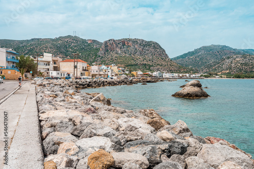 Obraz na płótnie Paleochora, crete island, greece: city of palaiochora with view to white mountains and lybian sea w salonie