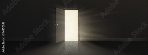 Open door with bright light behind in dark room. Concept of future, new opportunity, freedom, discovery or mystery. Empty room with glow with gold sparkles from doorway, vector realistic illustration