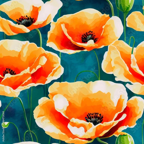 California poppy seamless flower pattern. Hand painted watercolor floral background.