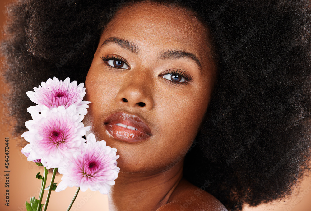 Flower, skincare and black woman natural hair in a studio portrait for ...