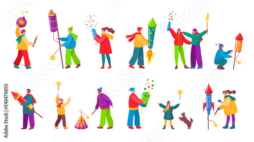 People with holiday pyrotechnics. Man set off festival fireworks, kids with firecrackers and woman with sparkler cartoon vector set