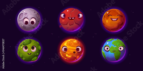 Set of cartoon planet characters isolated on sky background. Vector illustration of Earth, Moon, alien celestial bodies with happy, surprised, sad, comic face expressions. Kids game ui design elements