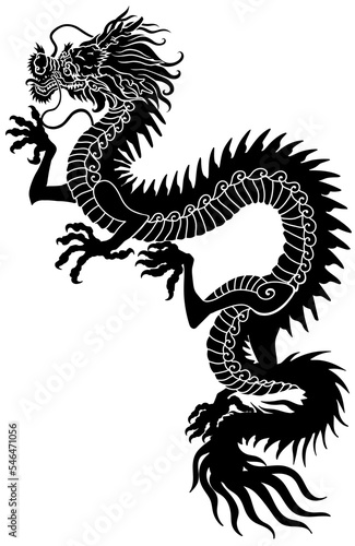 Chinese dragon silhouette. Traditional mythological creature of East Asia. Tattoo.Celestial feng shui animal. Side view. Graphic style vector illustration