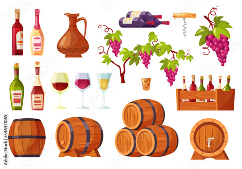 Cartoon wine. Alcohol bottles and barrels, wooden corkscrew, bunch of grapes and glasses of wine isolated vector set