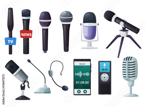 Cartoon microphones. Vintage vocal mic, interview audio recording dictaphone and music studio equipment vector set