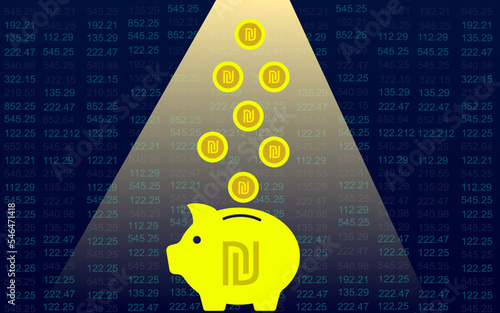 israeli shekel coin depositing into piggy bank oven stock exchange background save money concept design