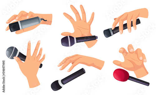 Mic drop gesture. Cartoon hand holding and dropping microphone to end performance epically isolated vector Illustration set