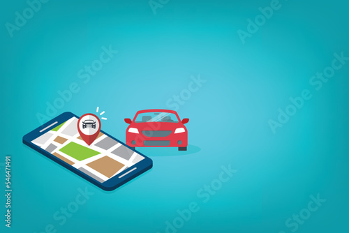 Mobile GPS navigation, travel and tourism concept. Vector map on mobile phone and car GPS coordinates. City road and streets searches on the smartphone navigation.