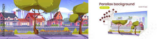 Public park in suburb district with green trees and benches. Summer landscape with garden and suburban street with houses behind fence, vector cartoon parallax background ready for 2d animation