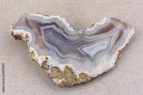 mineral gray agate in close-up section on a grey background