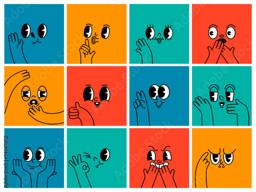 Cartoon people faces. Funny facial expressions avatar with retro character face and hand gestures. Mood vector background set