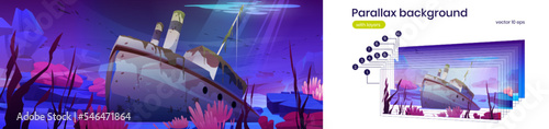 Sunken ship under water in sea or ocean. Underwater landscape with shipwrecked broken steamboat, corals and marine plants on seabed, vector cartoon parallax illustration ready for 2d animation