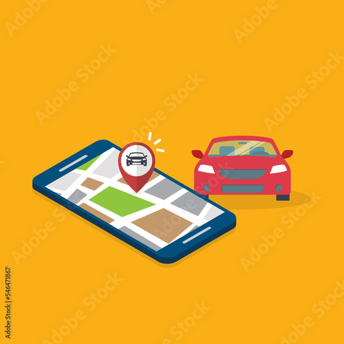 Mobile GPS navigation, travel and tourism concept. Vector map on mobile phone and car GPS coordinates. City road and streets searches on the smartphone navigation.