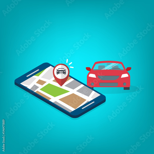 Mobile GPS navigation, travel and tourism concept. Vector map on mobile phone and car GPS coordinates. City road and streets searches on the smartphone navigation.