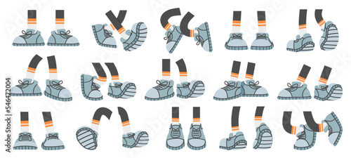 Cartoon foots with sneakers. Comic legs with shoes in walk, stand and jump poses. Stick feet with footwear, limbs for character design vector set