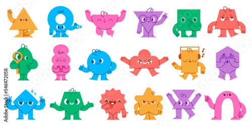 Abstract shapes characters. Geometric mascot faces with funny emotions, hands and legs. Cute circle, triangle and square shape objects vector set