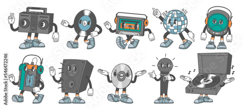 Retro music characters. Disco ball mascot, vinyl record, 80s cassette and CD. Turntable, tape and compact disk players. Analogue audio vector set
