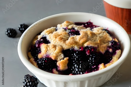 Closeup of a bowl of cobbler with blackberries