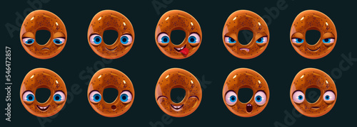 Cute bagel character face emoji set. Cartoon kawaii bakery with poppy seeds, ui comic funny game personage. Pastry mascot happy, shocked, sad, surprised, show tongue and angry. Vector illustration
