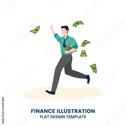 Businessman trying to catch flying money. Happy running entrepreneur man using business opportunity to scoop some dollar bills