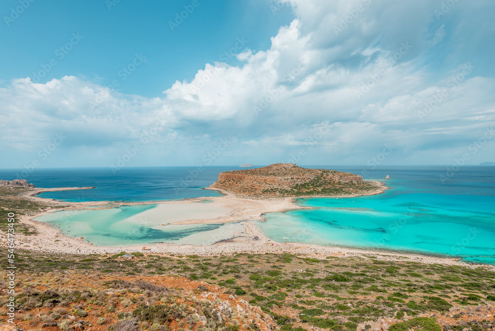 Balos lagoon, crete island, greece: panorama with white sandy beach and turquoise blue water at the main tourist destination near chania