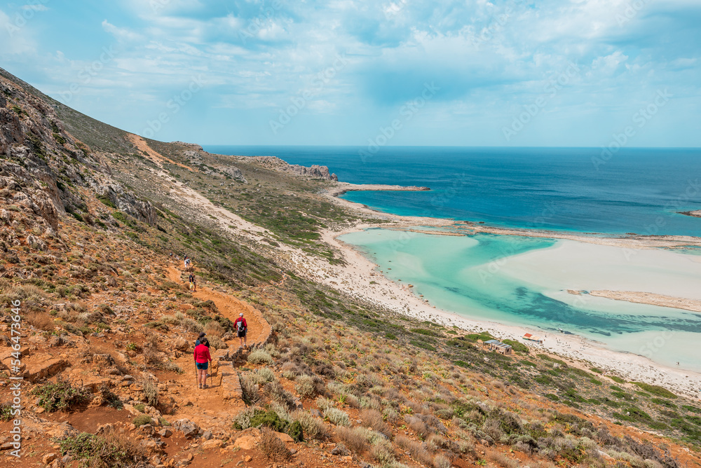Balos lagoon, crete island, Greece:hiking path to the white sandy beach and turquoise blue water at the main tourist destination near chania