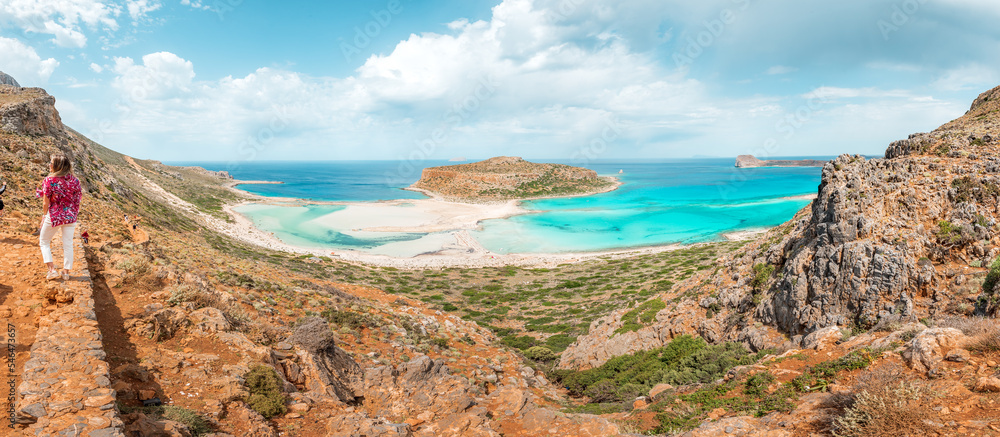 Balos lagoon, crete island, greece:tigani island with white sandy beach and turquoise blue water at the main tourist destination near chania