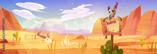 American desert landscape with wanted poster and bull skull on pole. Wild west desert panorama with sand, cactuses, mountains, ox bones and wooden sign, vector cartoon illustration