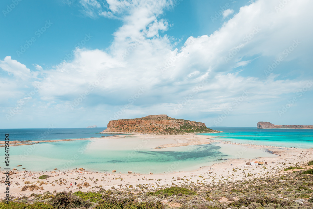Balos lagoon, crete island, greece: view to tigani island with white sandy beach and turquoise blue water at the main tourist destination near chania